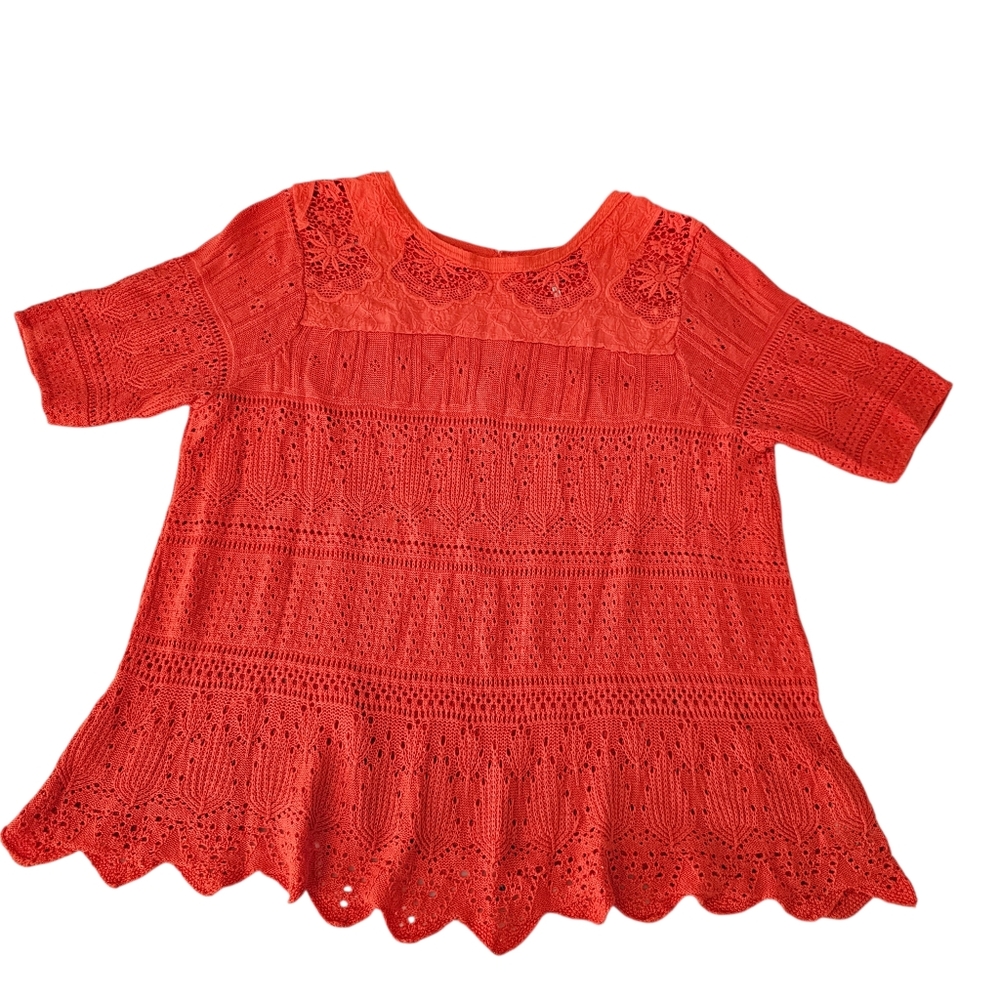FREE PEOPLE Crochet Lace Boho Blouse Top Large Red Short Sleeve Cottage Peasant
